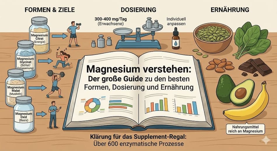 Infografik: Magnesium verstehen – Übersicht zu Formen & Zielen, Dosierung (300–400 mg/Tag) und magnesiumreichen Lebensmitteln wie Nüssen, Avocado und Schokolade