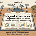 Infografik: Magnesium verstehen – Übersicht zu Formen & Zielen, Dosierung (300–400 mg/Tag) und magnesiumreichen Lebensmitteln wie Nüssen, Avocado und Schokolade