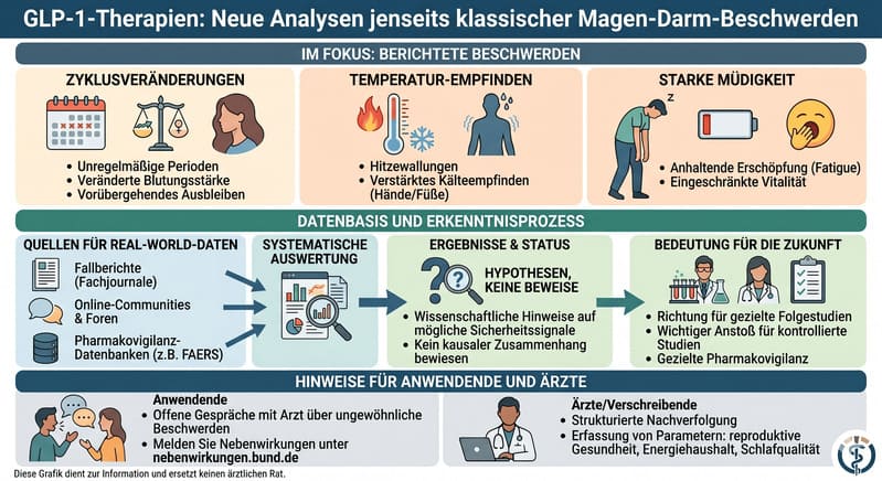 Infografik: Mögliche Nebenwirkungen von Semaglutid und Tirzepatid –  Zyklusveränderungen, Temperaturempfinden und Erschöpfung im Überblick