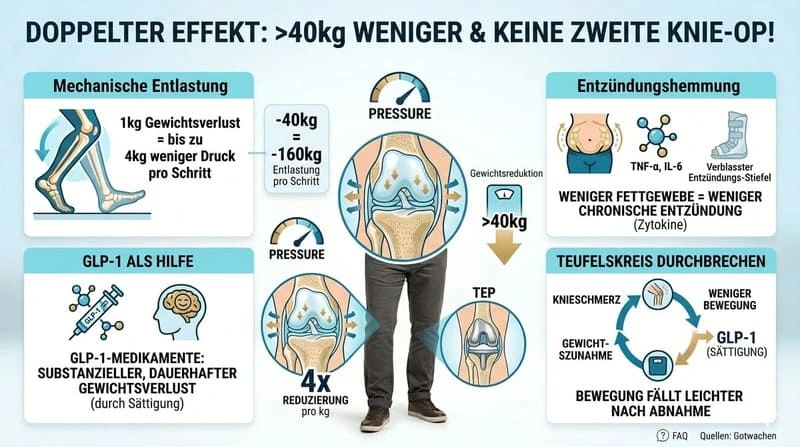 Doppelter Effekt von Gewichtsabnahme auf die Knie – mechanische Entlastung (4kg weniger Druck pro kg Verlust) und Entzündungshemmung durch weniger Fettgewebe. GLP-1 als Hilfe zur dauerhaften Gewichtsreduktion.