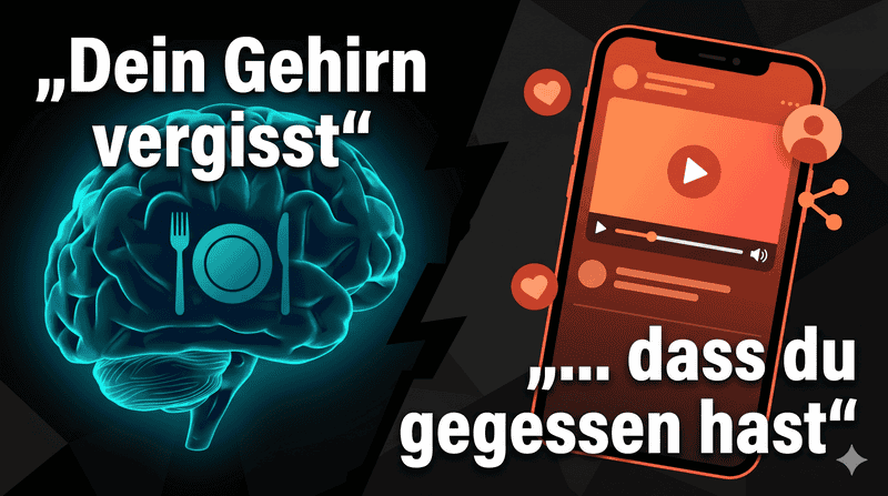 Gehirn mit Gabel und Smartphone – abgelenkt essen stört das Sättigungsgefühl