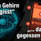 Gehirn mit Gabel und Smartphone – abgelenkt essen stört das Sättigungsgefühl