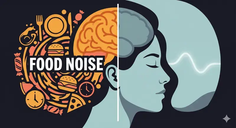 Frau sitzt ruhig am Tisch, leerer Kopf symbolisiert das Ende von Food Noise mit GLP-1