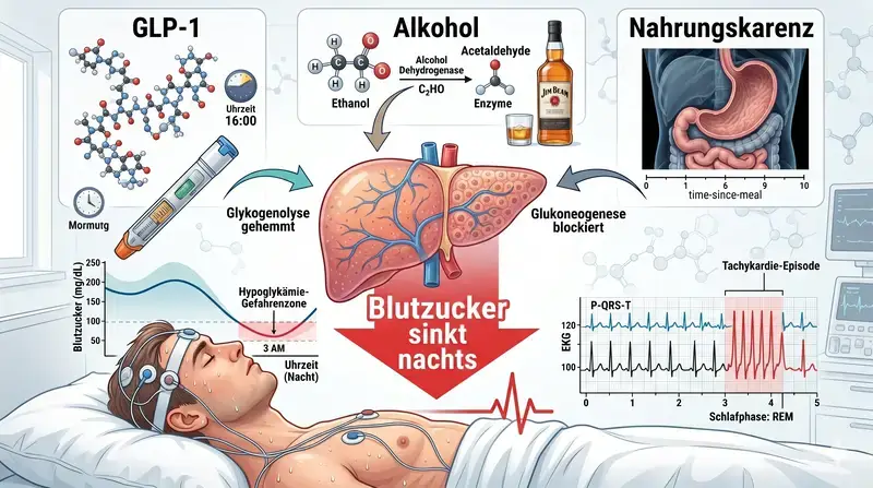 Infografik zum Zusammenspiel von GLP-1-Medikamenten, Alkohol und nächtlicher Unterzuckerung der Leber