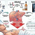 Infografik zum Zusammenspiel von GLP-1-Medikamenten, Alkohol und nächtlicher Unterzuckerung der Leber