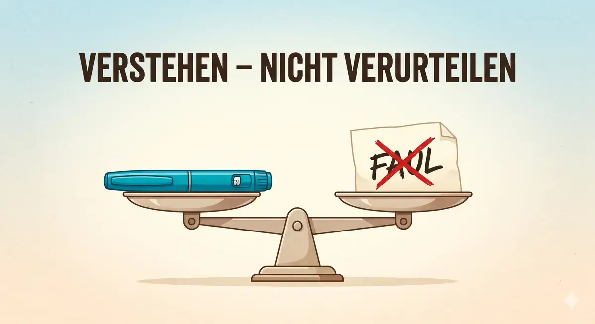 GLP-1 Stigmatisierung bei Adipositas – Waage, Spritze und zerrissene Urteils-Aufschrift