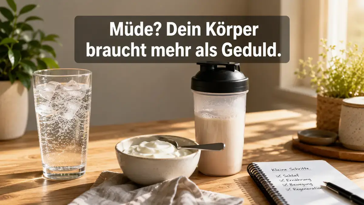 Glas Wasser, Joghurt und Proteinshake auf hellem Tisch – Energie in der GLP-1-Startphase