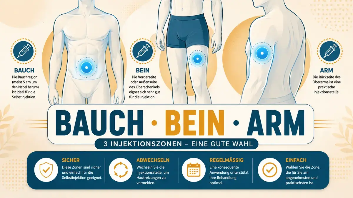 GLP-1 Injektionsstelle Vergleich – Bauch, Oberschenkel und Oberarm bei subkutaner Injektion