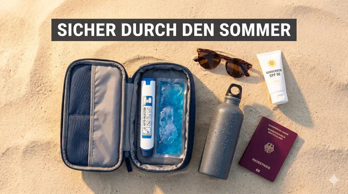 GLP-1-Pen in einer Kühltasche beim Sommerurlaub am Strand