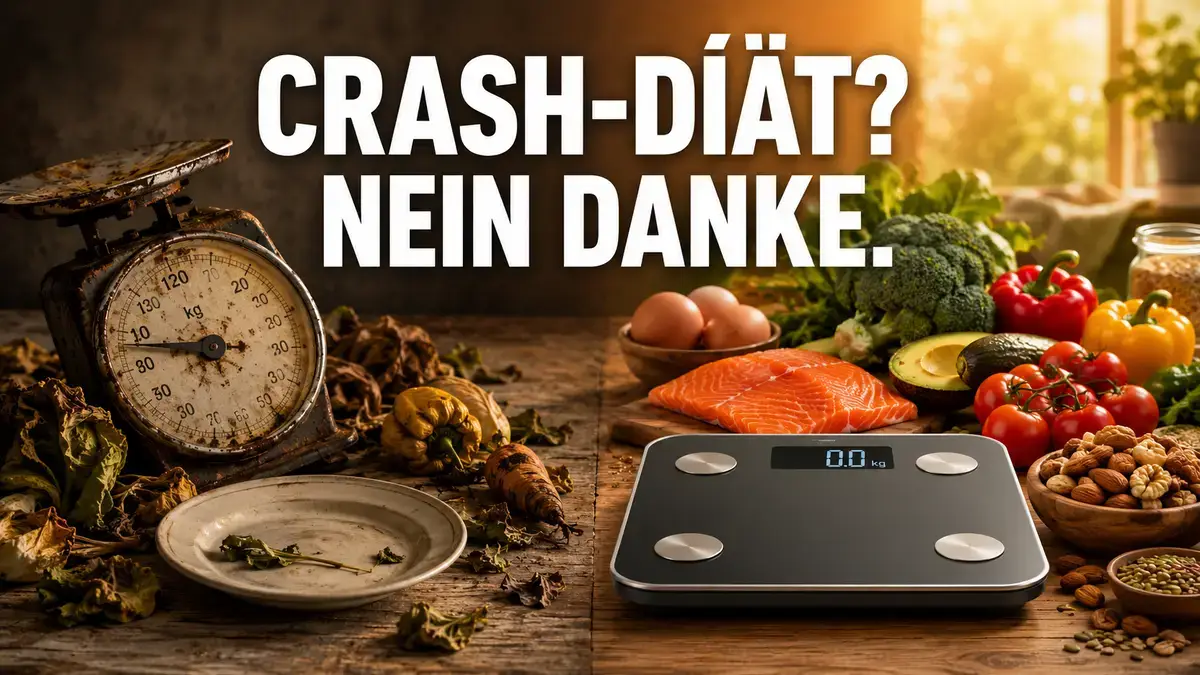 Nachhaltiges Abnehmen vs. Crash-Diät – Waage und gesunde Lebensmittel im Vergleich