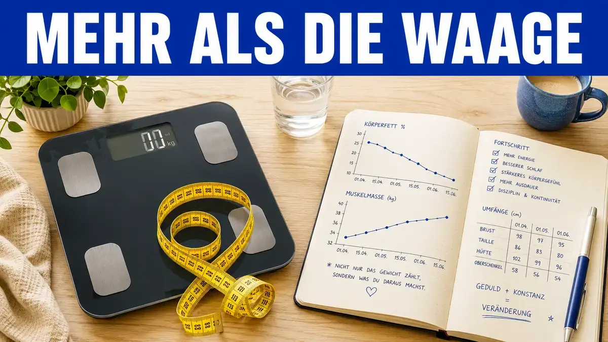 Maßband, BIA-Waage und Notizbuch als Werkzeuge zur Messung von Abnehmerfolgen