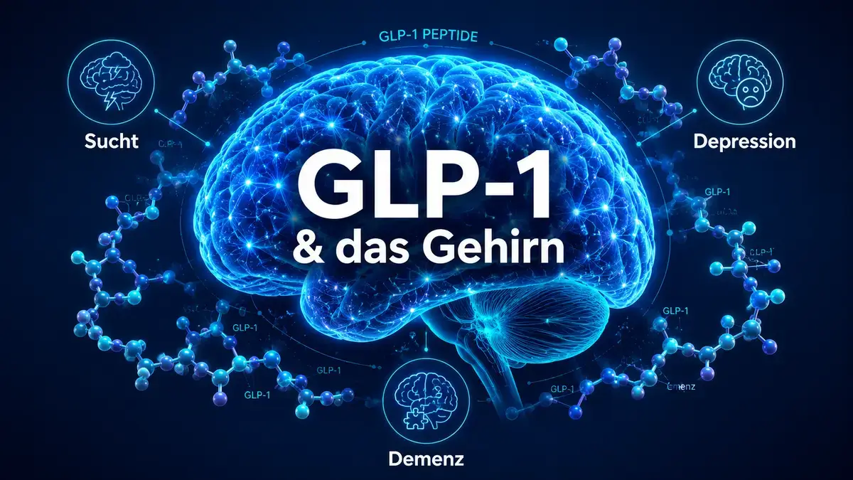 Stilisiertes Gehirn mit GLP-1-Molekül und Begriffen Sucht, Depression, Alzheimer