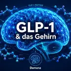 Stilisiertes Gehirn mit GLP-1-Molekül und Begriffen Sucht, Depression, Alzheimer