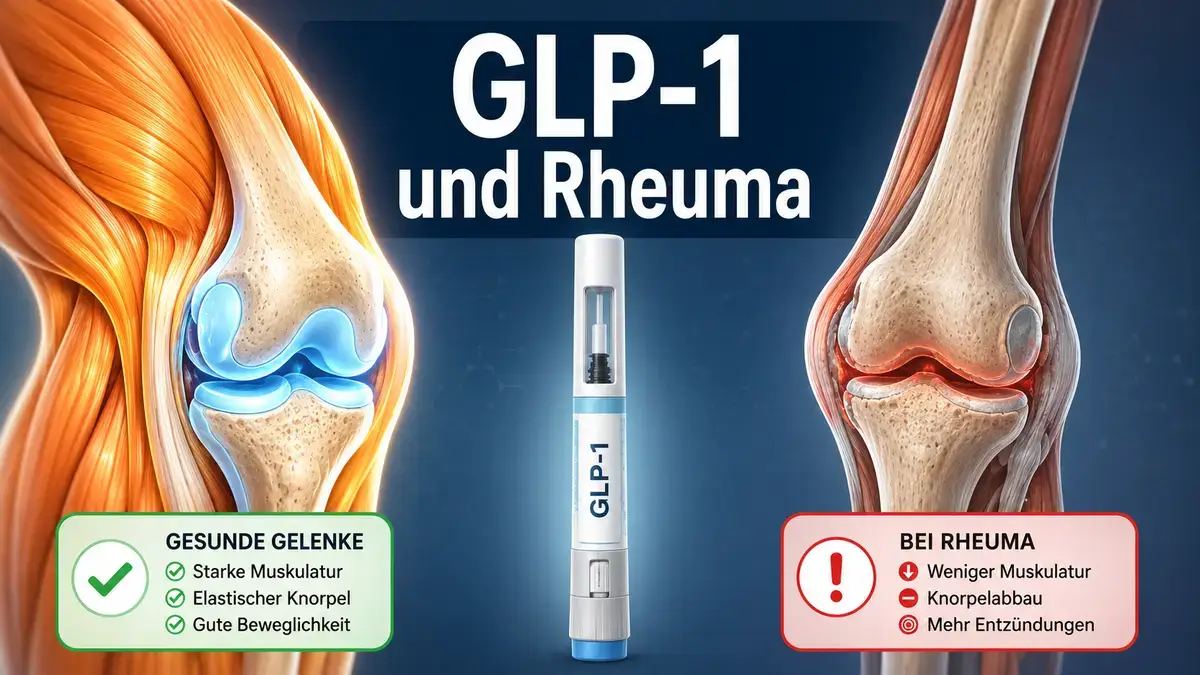 GLP-1-Spritze neben Rheuma-Gelenk-Modell, Muskelverlust-Risiko visualisiert