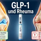 GLP-1-Spritze neben Rheuma-Gelenk-Modell, Muskelverlust-Risiko visualisiert