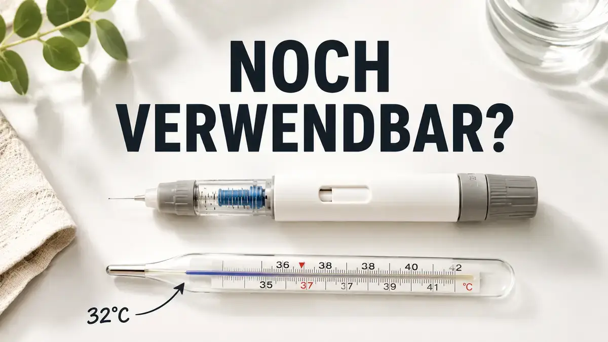 GLP-1 KwikPen neben Thermometer zeigt Temperatur über 30 Grad Celsius