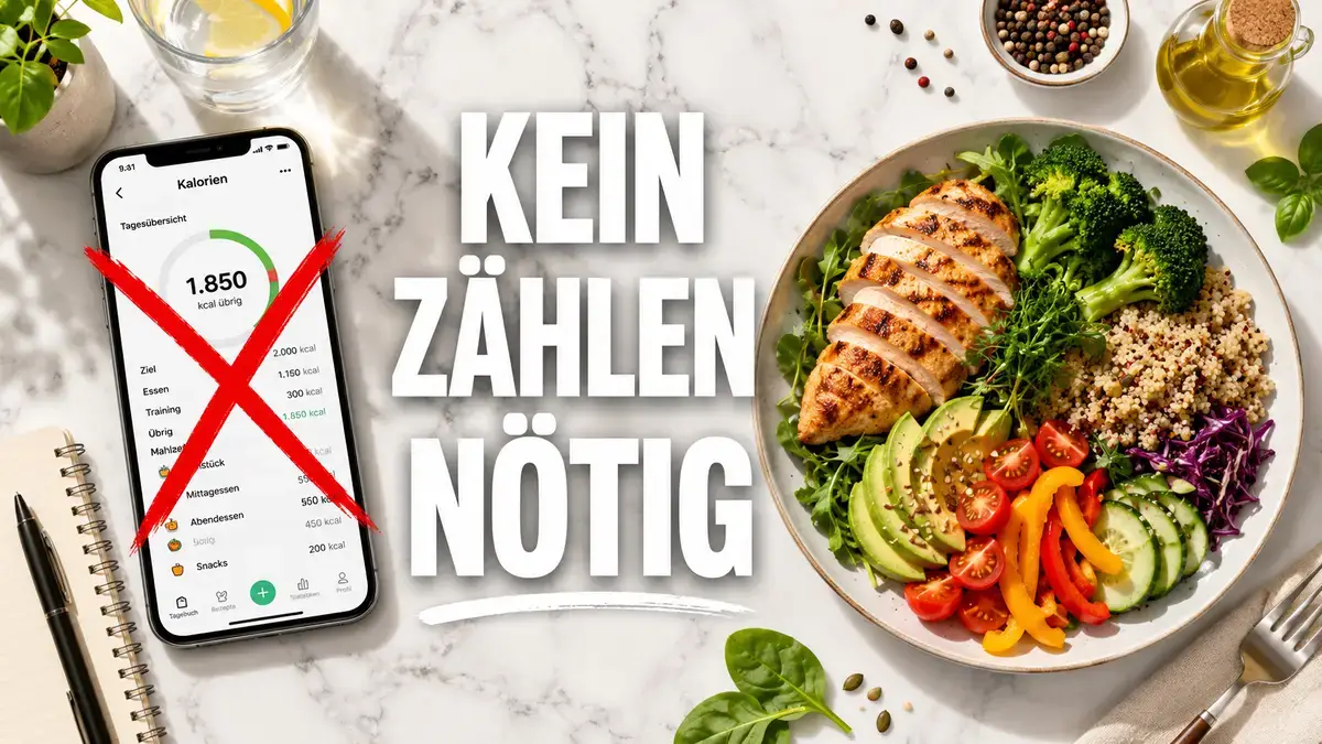 Kalorien zählen bei GLP-1 Abnehmspritze - Smartphone-App neben gesundem Teller