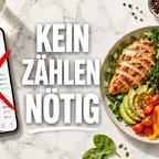 Kalorien zählen bei GLP-1 Abnehmspritze - Smartphone-App neben gesundem Teller