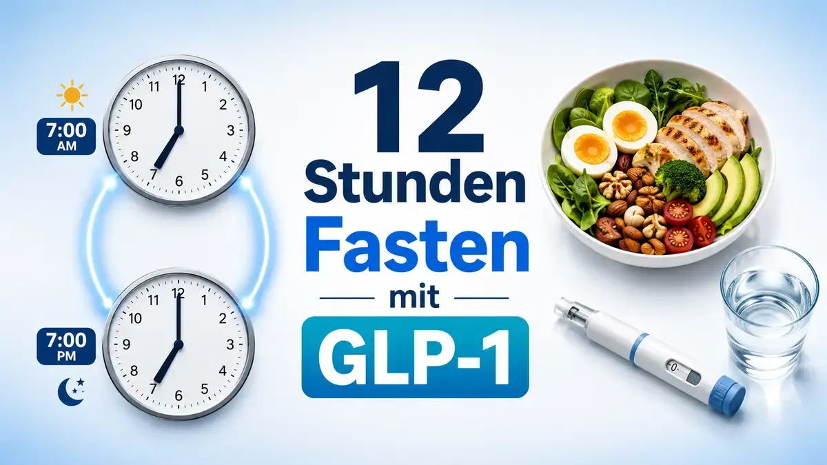 Uhr zeigt 12-Stunden-Fastenfenster neben GLP-1-Pen und gesunden Mahlzeiten