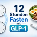 Uhr zeigt 12-Stunden-Fastenfenster neben GLP-1-Pen und gesunden Mahlzeiten