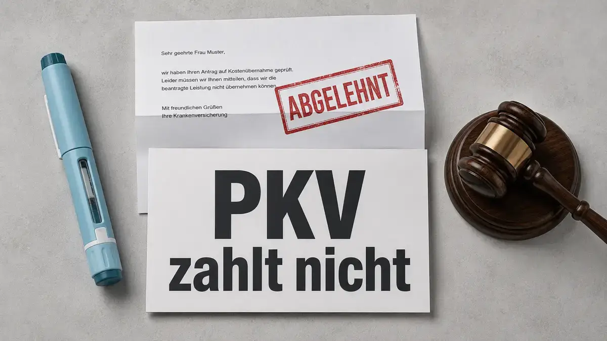 PKV-Ablehnungsschreiben neben Mounjaro-Pen und Richterhammer