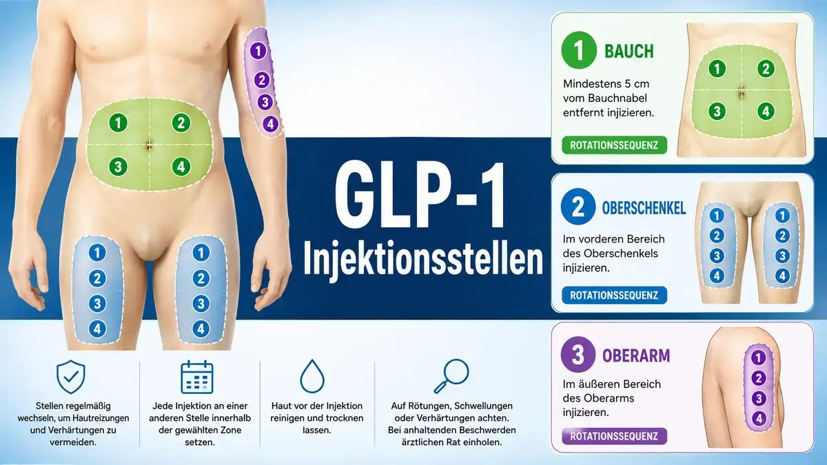 GLP-1 Injektionsstellen Bauch Oberschenkel Oberarm Rotationsschema Vergleich