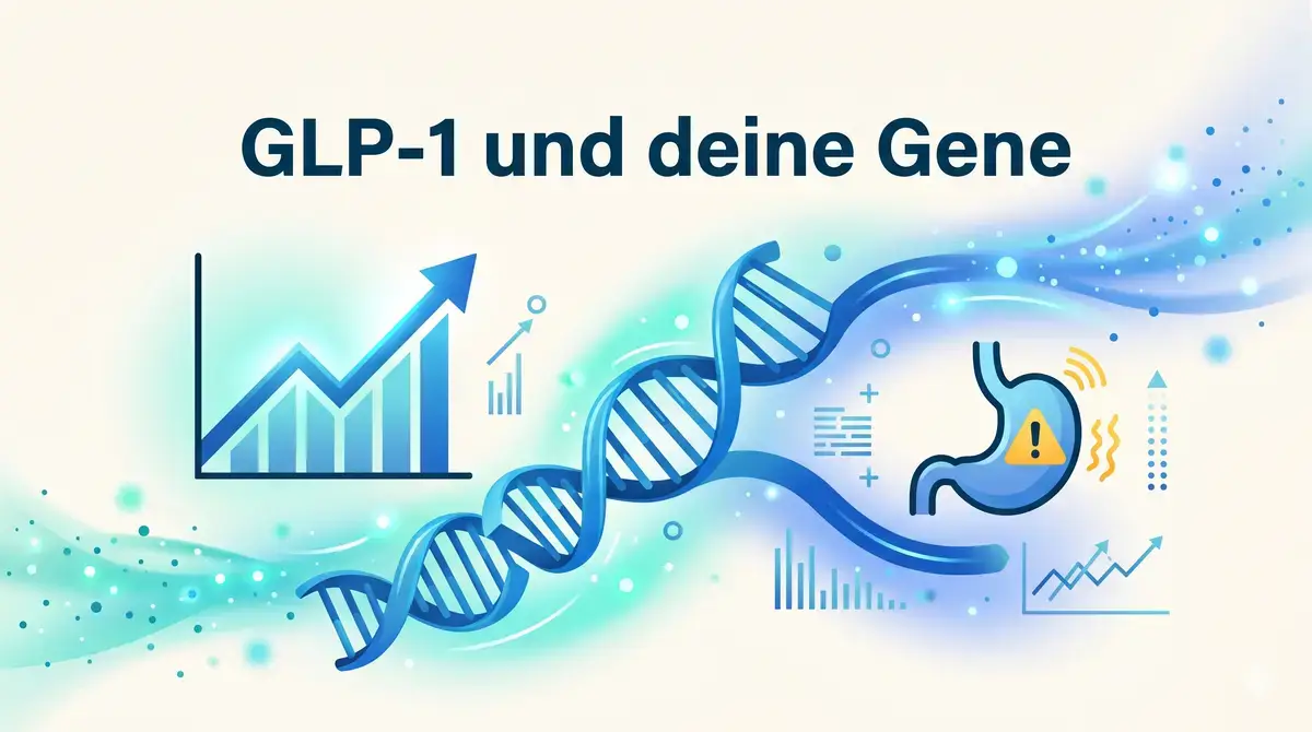 Grafische Darstellung von DNA-Strängen und GLP-1-Pen zum Thema Genetik und Abnehmerfolg