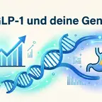 Grafische Darstellung von DNA-Strängen und GLP-1-Pen zum Thema Genetik und Abnehmerfolg