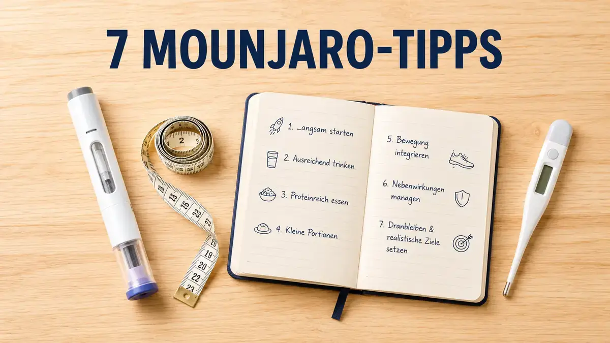 Mounjaro KwikPen auf Holztisch mit Notizbuch und Maßband