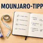 Mounjaro KwikPen auf Holztisch mit Notizbuch und Maßband