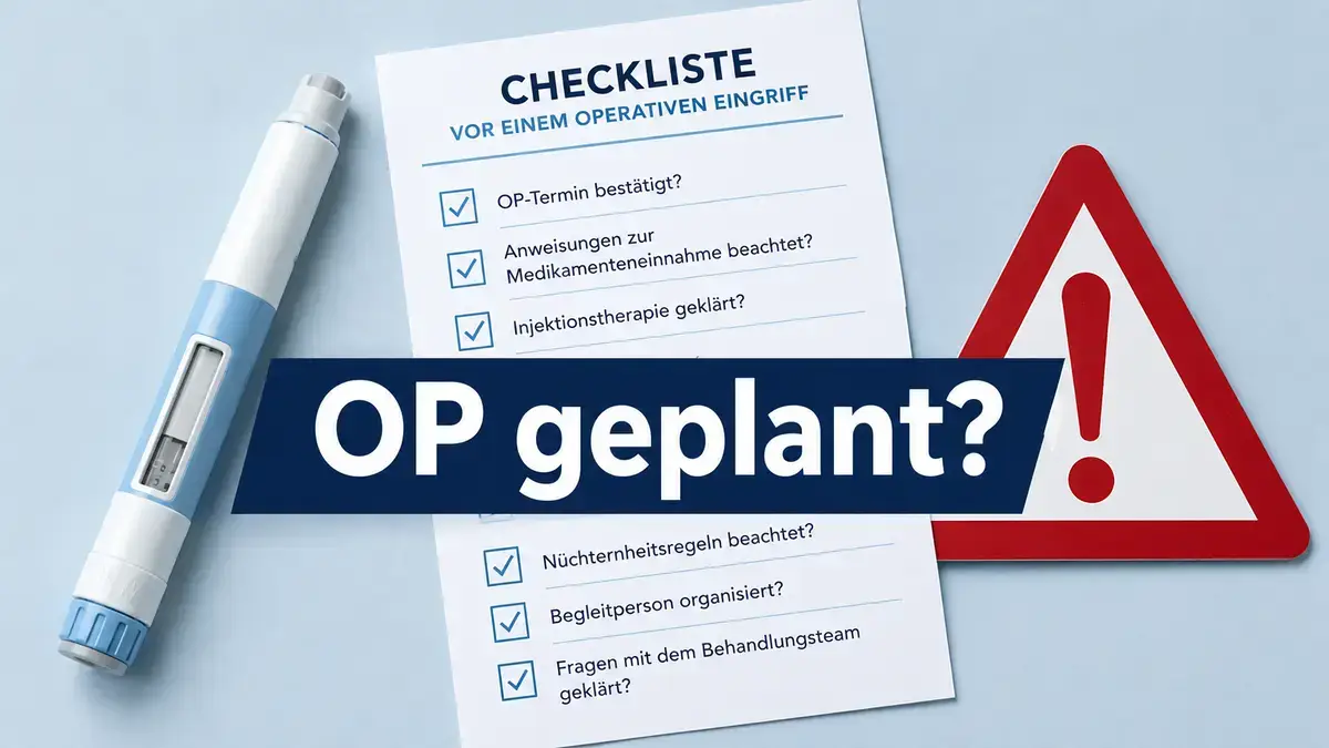 GLP-1 Pen neben OP-Checkliste und Warnsymbol zum Narkoserisiko