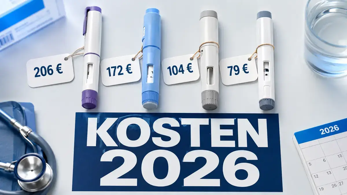 Vier Abnehmspritzen mit Preisschildern im Vergleich – Mounjaro, Wegovy, Ozempic, Nevolat 2026