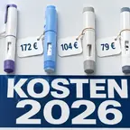 Vier Abnehmspritzen mit Preisschildern im Vergleich – Mounjaro, Wegovy, Ozempic, Nevolat 2026