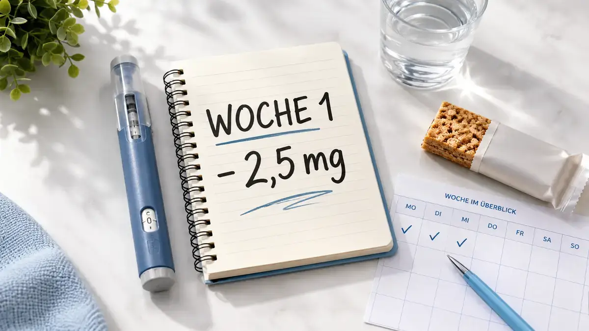 Mounjaro KwikPen neben Notizbuch mit Dosierungsplan auf weißem Hintergrund