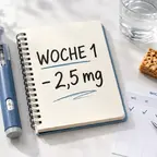 Mounjaro KwikPen neben Notizbuch mit Dosierungsplan auf weißem Hintergrund