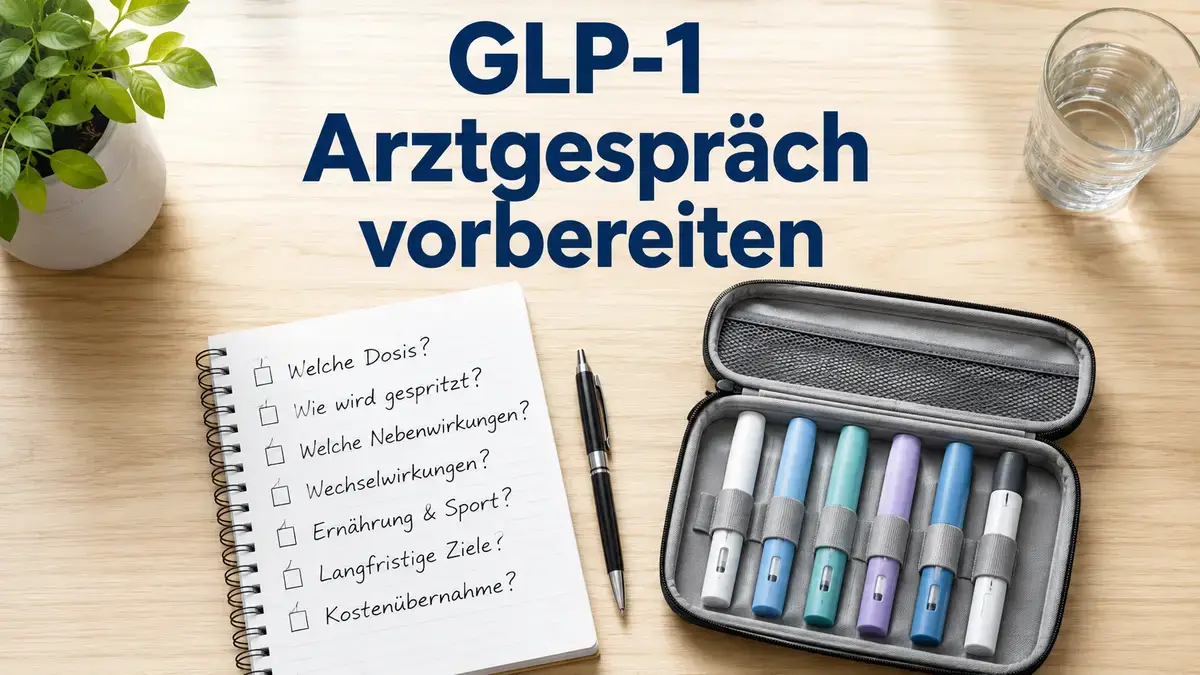 Arztgespräch über GLP-1-Medikamente vorbereiten: Notizblock mit Fragenliste auf Schreibtisch