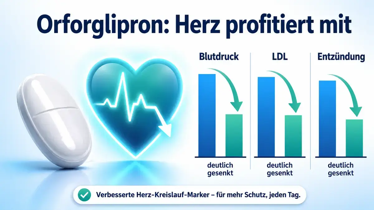 Orforglipron Pille neben Herzwert-Diagramm zeigt verbesserte kardiovaskuläre Marker