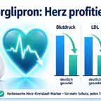 Orforglipron Pille neben Herzwert-Diagramm zeigt verbesserte kardiovaskuläre Marker