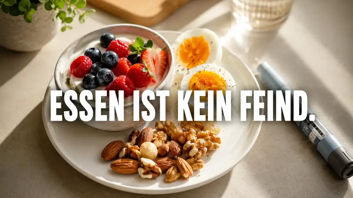 Kleine proteinreiche Mahlzeit auf einem Tisch, Mounjaro-Pen daneben