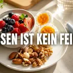 Kleine proteinreiche Mahlzeit auf einem Tisch, Mounjaro-Pen daneben