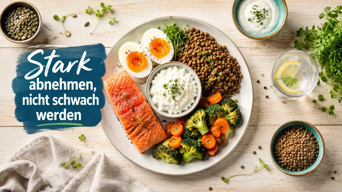 Teller mit proteinreichen Lebensmitteln als Symbol für Ernährung unter GLP-1-Therapie