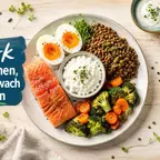 Teller mit proteinreichen Lebensmitteln als Symbol für Ernährung unter GLP-1-Therapie