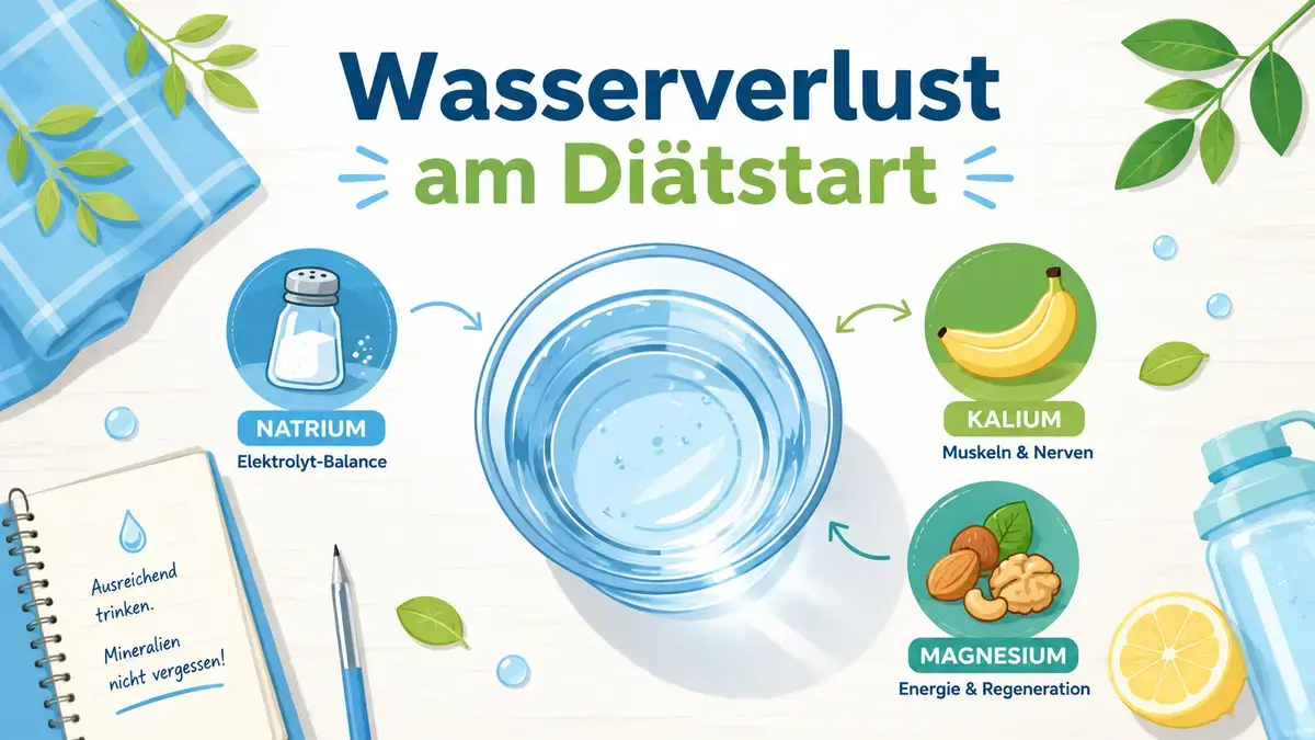 Wasserverlust am Diätstart mit Glas Wasser und Elektrolyt-Symbolen im Fokus