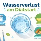 Wasserverlust am Diätstart mit Glas Wasser und Elektrolyt-Symbolen im Fokus