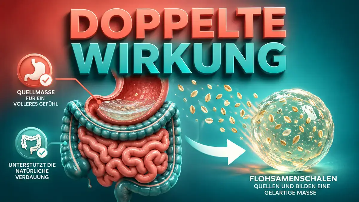 Flohsamenschalen und Wasserglas symbolisieren Wirkung bei Verdauung