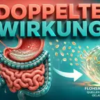 Flohsamenschalen und Wasserglas symbolisieren Wirkung bei Verdauung
