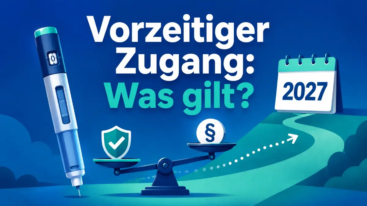 Retatrutid Zugangsprogramm Illustration mit Waage, Spritze und Zeitleiste vor FDA-Zulassung