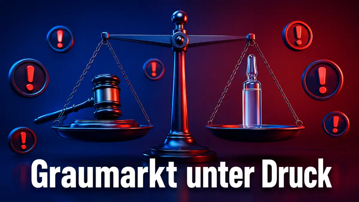 Waage und Spritze symbolisieren Retatrutid Graumarkt Risiko und Eli Lillys Klage gegen illegale Anbieter