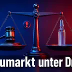 Waage und Spritze symbolisieren Retatrutid Graumarkt Risiko und Eli Lillys Klage gegen illegale Anbieter