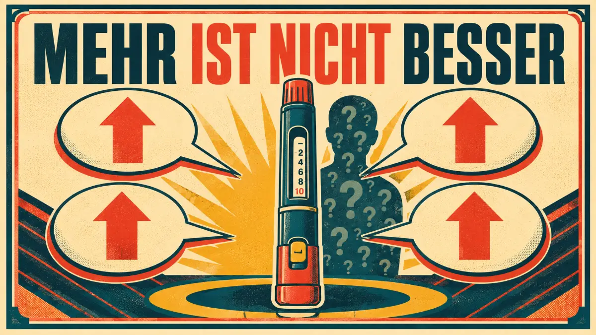 Dosis selbst erhöhen bei GLP-1 mit Warnsymbol, Pen und Sprechblasen aus der Community